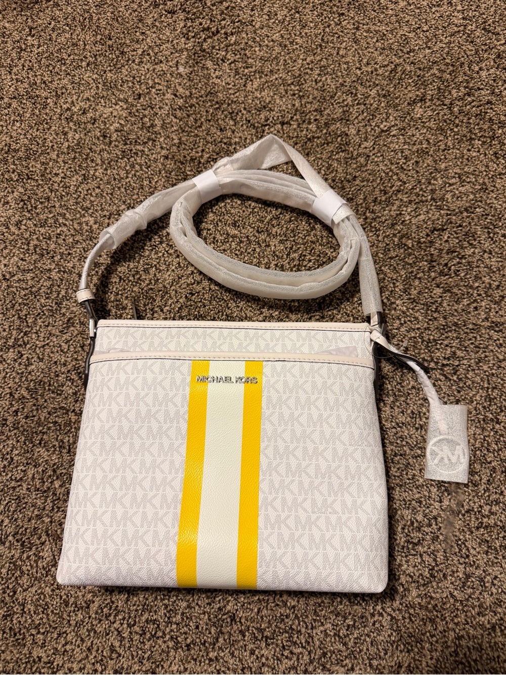Michael Kors White Crossbody Bag with Yellow Stripe
